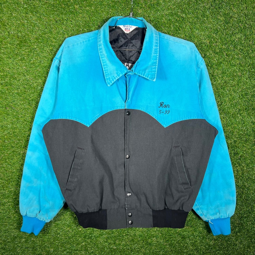 Vintage WestArk USA Western Canvas Bomber Jacket XL Horse Training Blue Charcoal